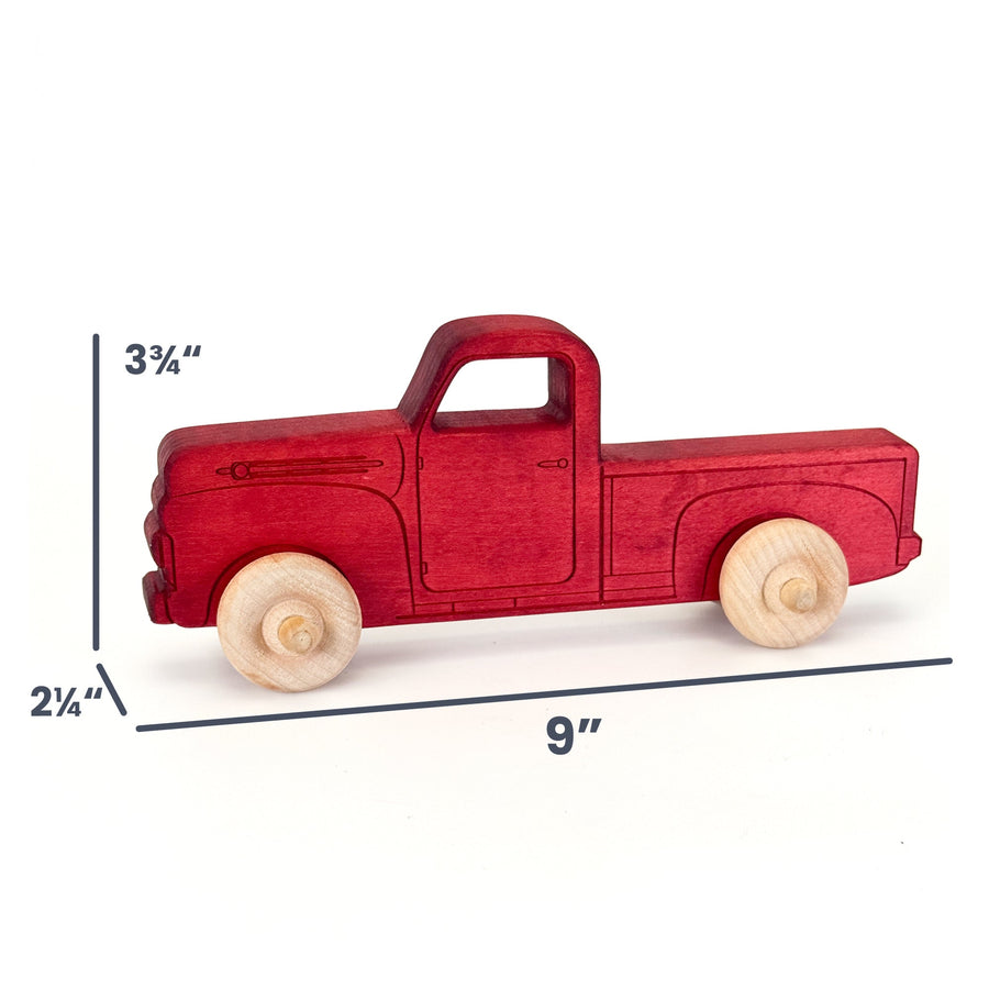 Red Maple Toy Pickup Truck, 9 in. with dimension annotations