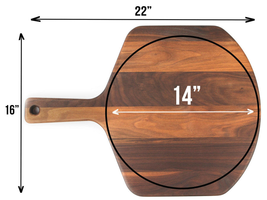 Walnut pizza peel measurement graphic showing its working area and overall length