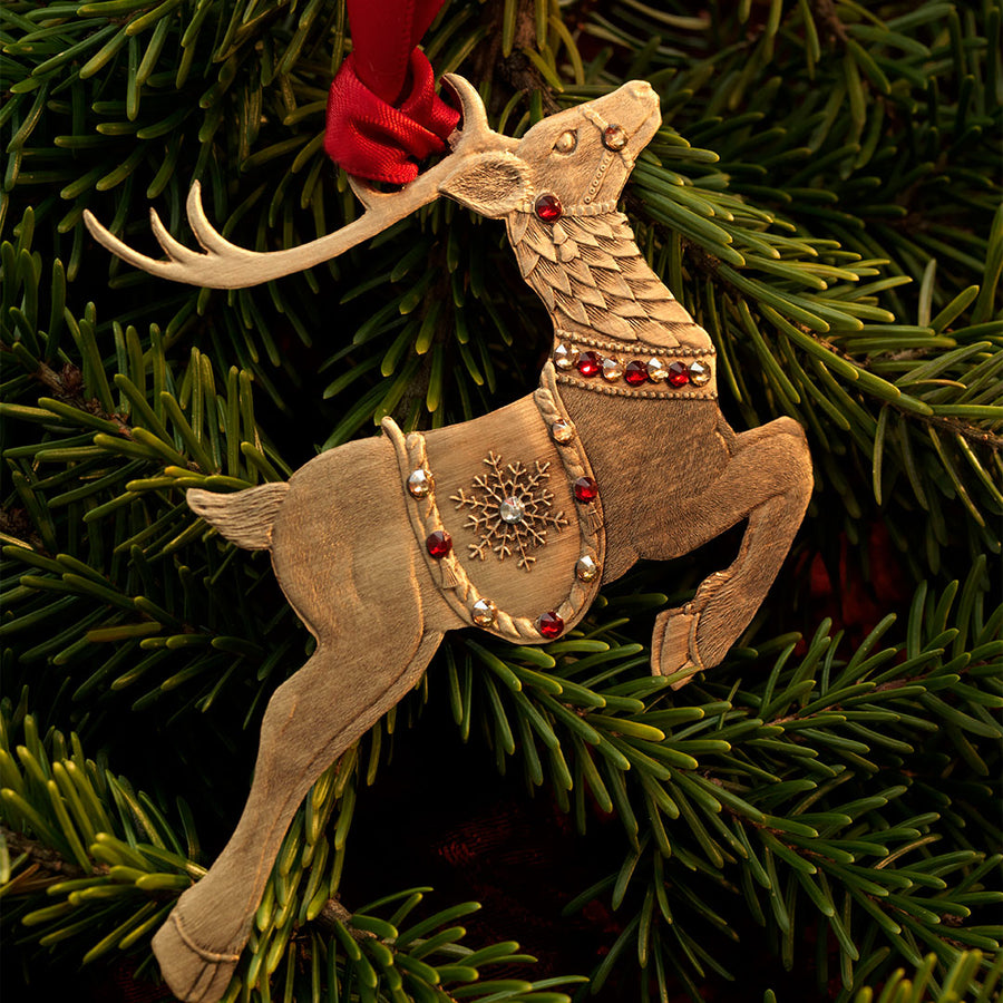 Styled display featuring Merry Reindeer Ornament