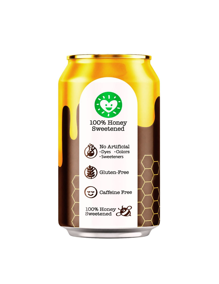 Root Beer soda can showing caffeine-free and honey-sweetened label statements