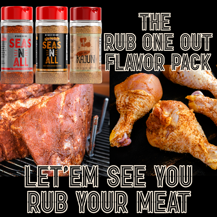 BBQ rub pack showing Mild Seas-n-All, Spitfire Seas-n-All and Kick Me Kajun