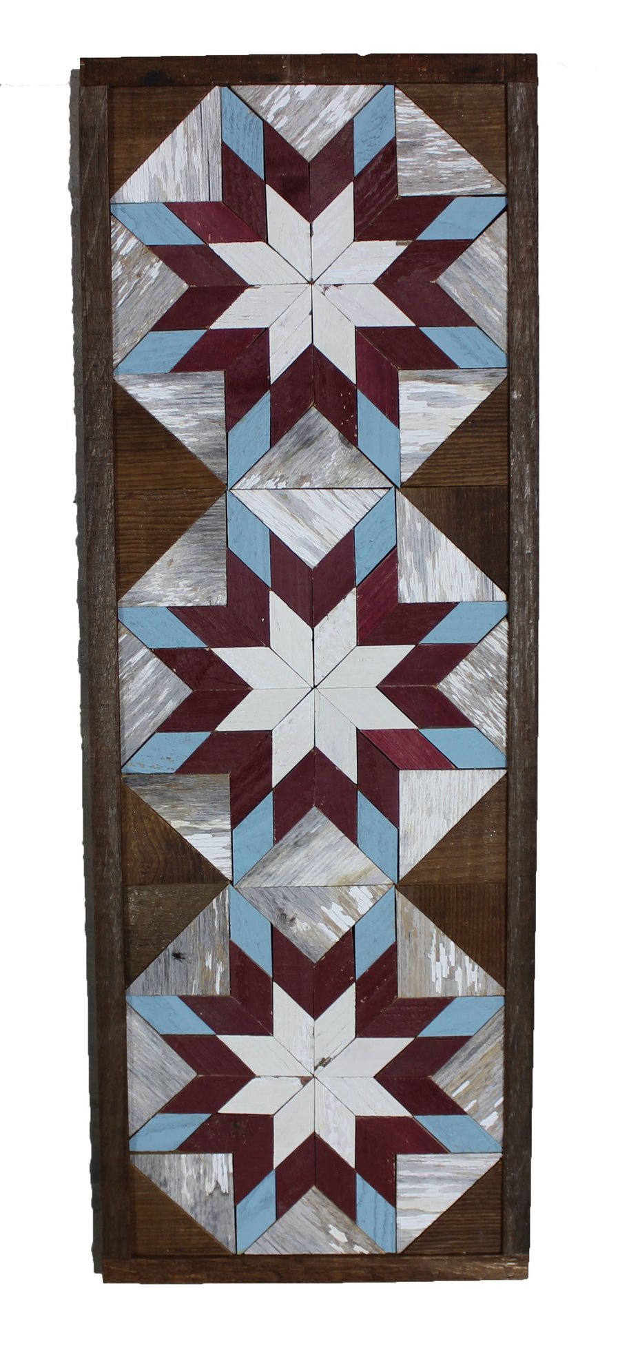 Tall reclaimed-wood barn quilt banner with a hand-painted geometric star design