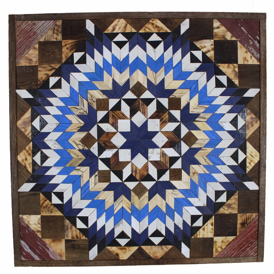 Individual reclaimed-wood barn quilt with a hand-painted geometric star design
