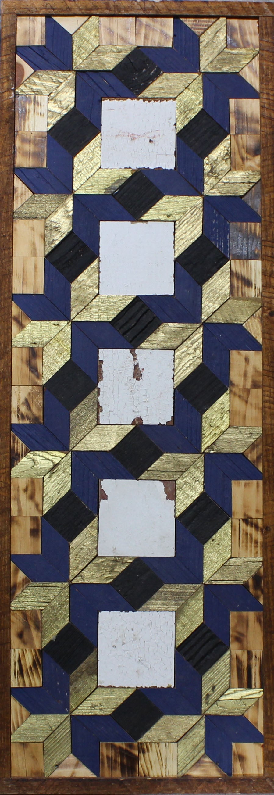 Tall reclaimed-wood barn quilt banner with a hand-painted geometric star design