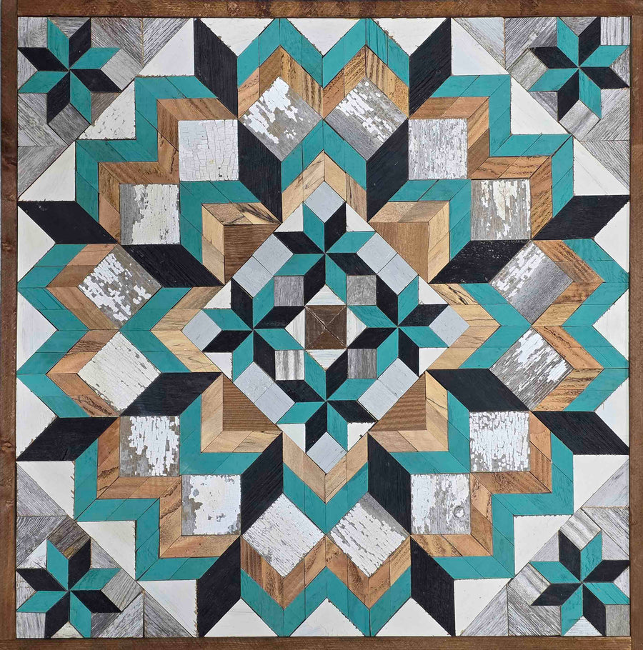 Individual reclaimed-wood barn quilt with a hand-painted geometric star design