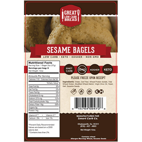 Sesame Low Carb Bagels: package label with ingredients and nutrition.