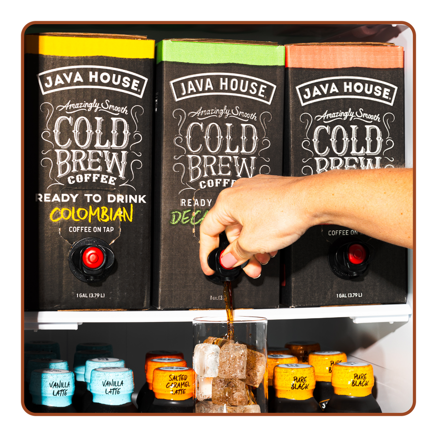 Three-flavor boxed coffee dispensing graphic