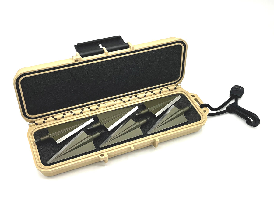 Open tan case showing an alternative broadhead layout