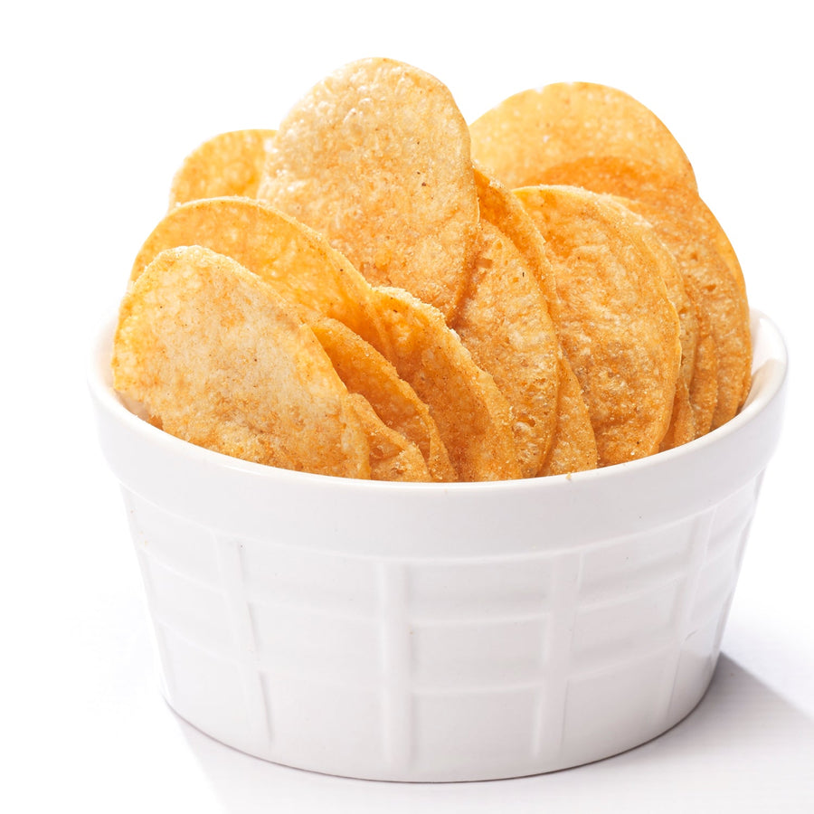 Barbecue Protein Chips: chips in a white bowl.