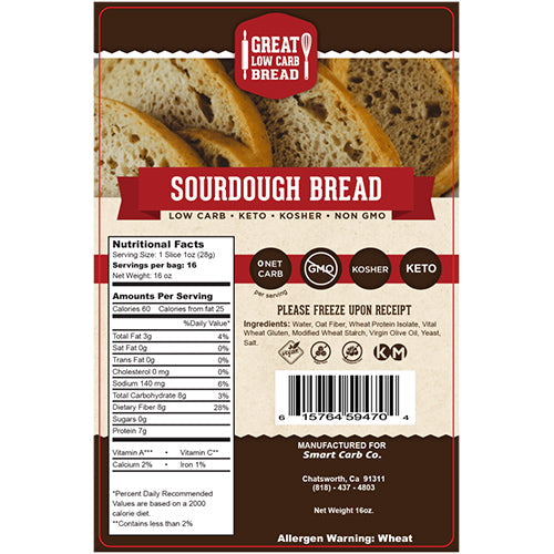 Sourdough Low Carb Sliced Bread: package label with ingredients and nutrition.
