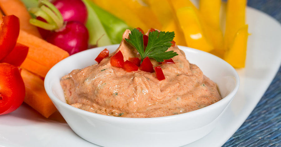 Sun-Dried Tomato and Bacon-flavored dip with bell pepper strips