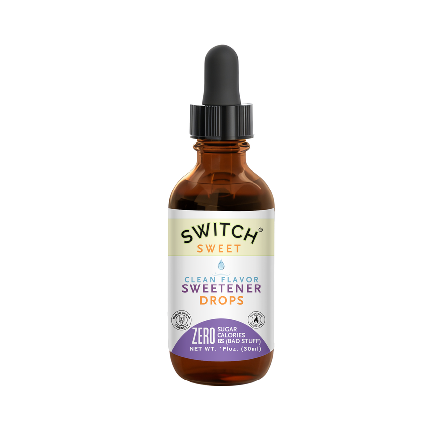 SWITCH liquid sweetener drops in a glass bottle