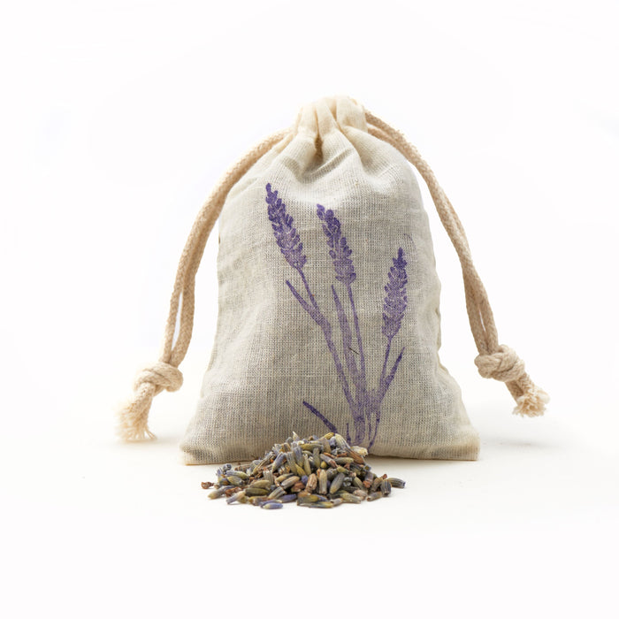 Lavender Sachet — canvas drawstring bag with lavender illustration and dried buds