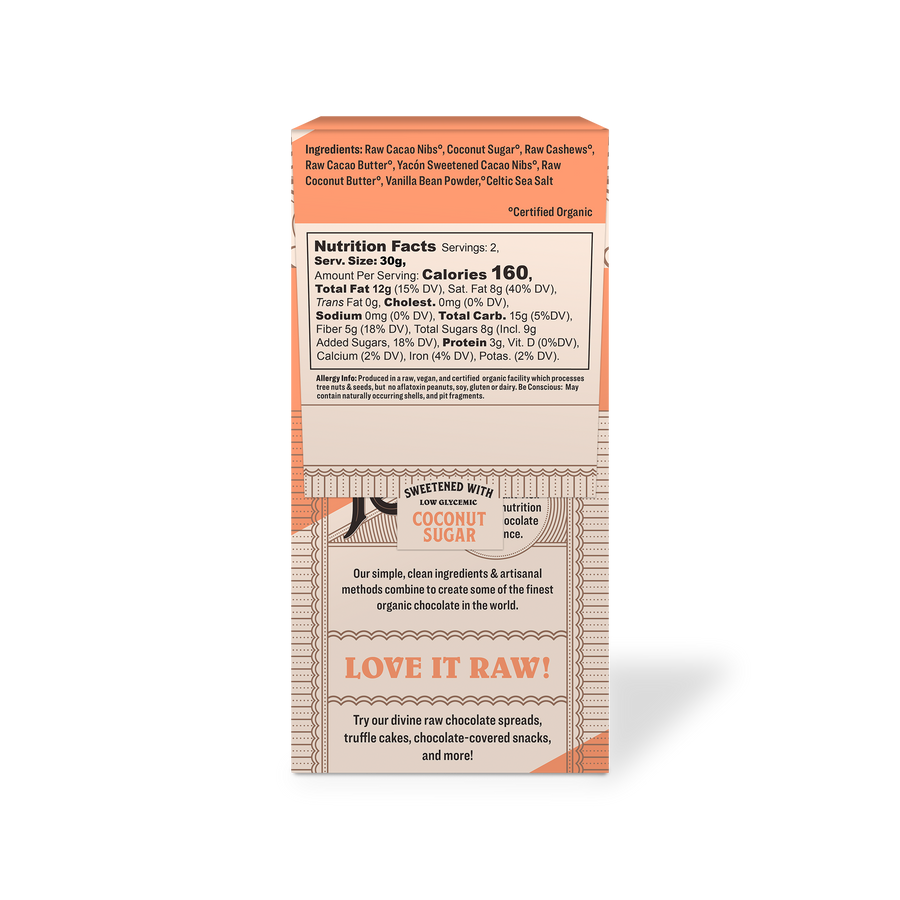 Back of packaging for Coconut Caramel & Crushed Cashew Bark