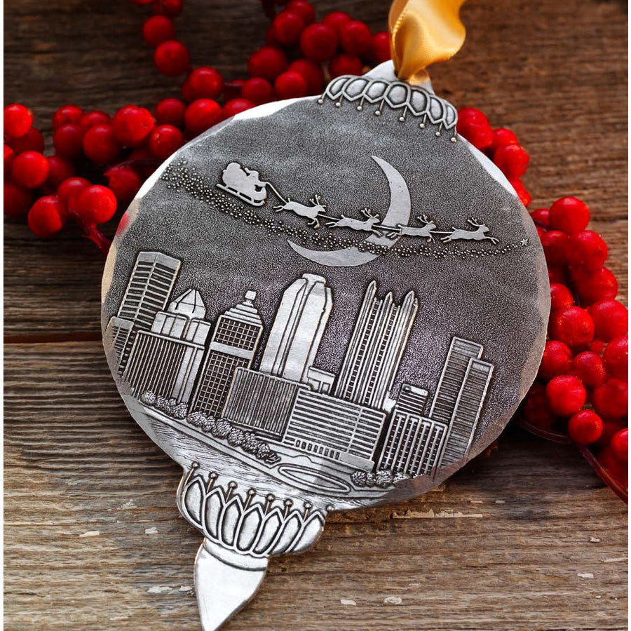Styled display featuring Santa Over Pittsburgh Ornament