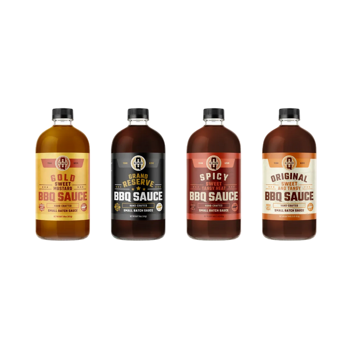 Barbecue sauce sampler with Gold, Grand Reserve, Spicy and Original bottles