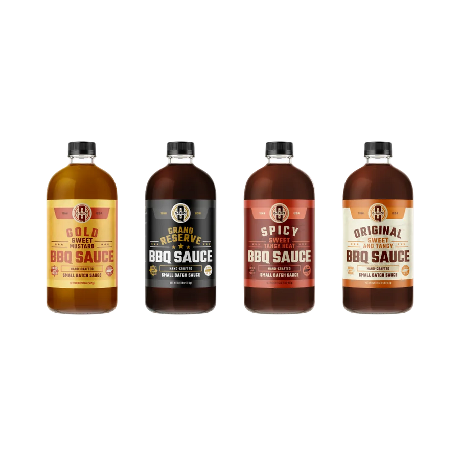 Barbecue sauce sampler with Gold, Grand Reserve, Spicy and Original bottles