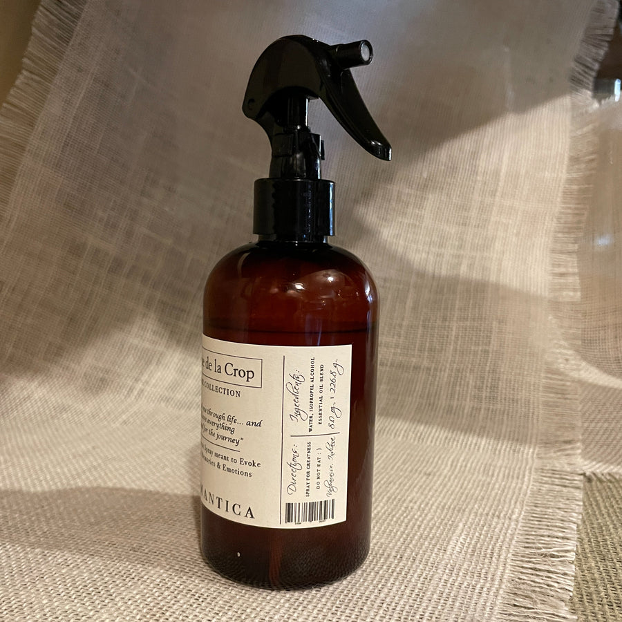 Romantica Floral Essential Oil Room Spray, 8 oz bottle showing the side label