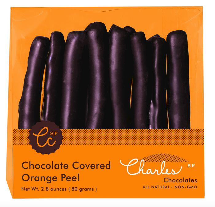 Package of dark chocolate-covered Valencia orange peel strips