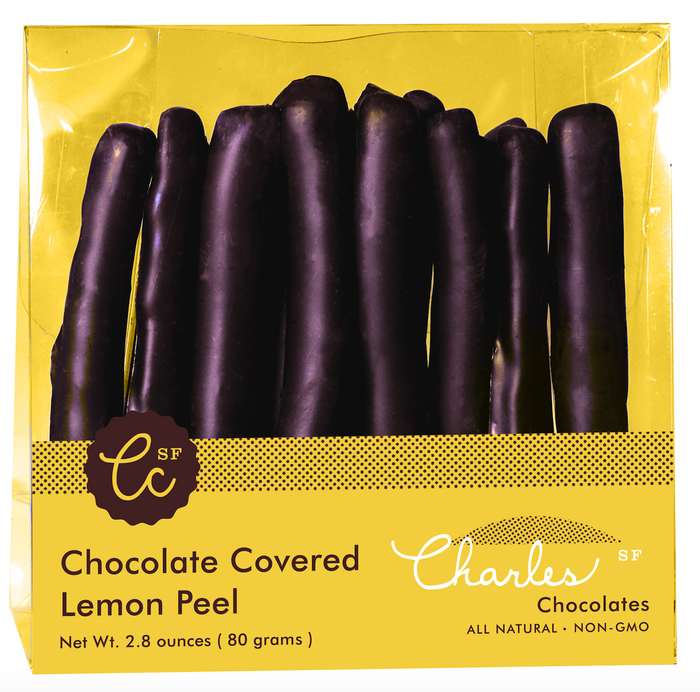 Package of dark chocolate-covered candied lemon peel strips
