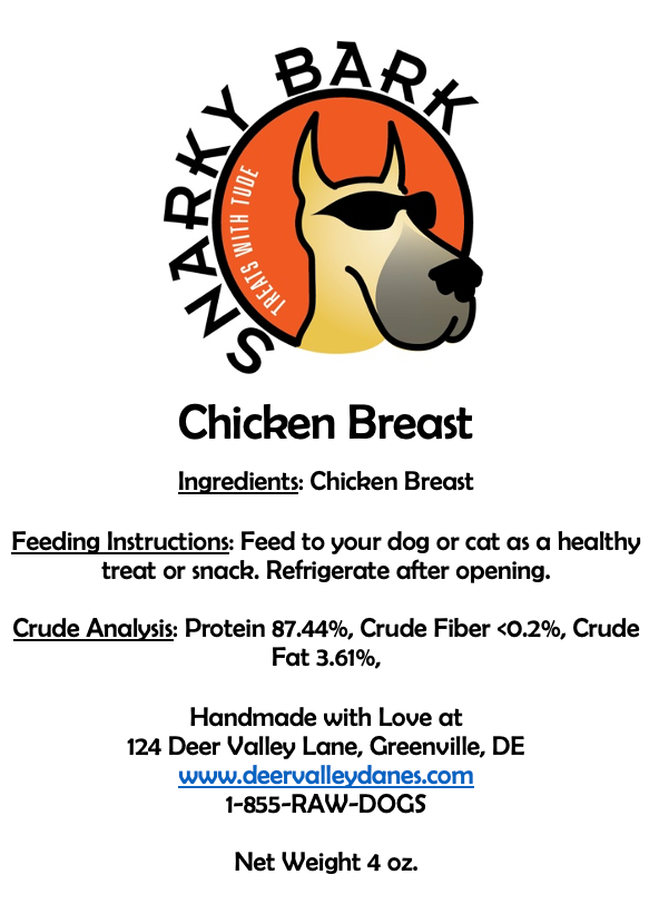 Chicken breast jerky label showing ingredients, crude analysis and refrigeration instructions