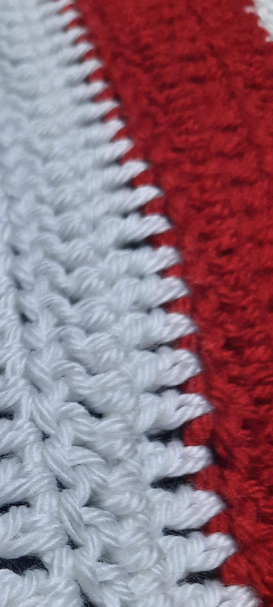 Hand-Crocheted American Flag, close-up of red and white crochet stitches