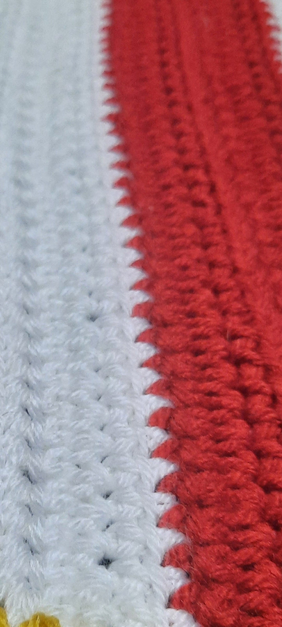 Hand-Crocheted American Flag, close-up of red and white crochet stitches