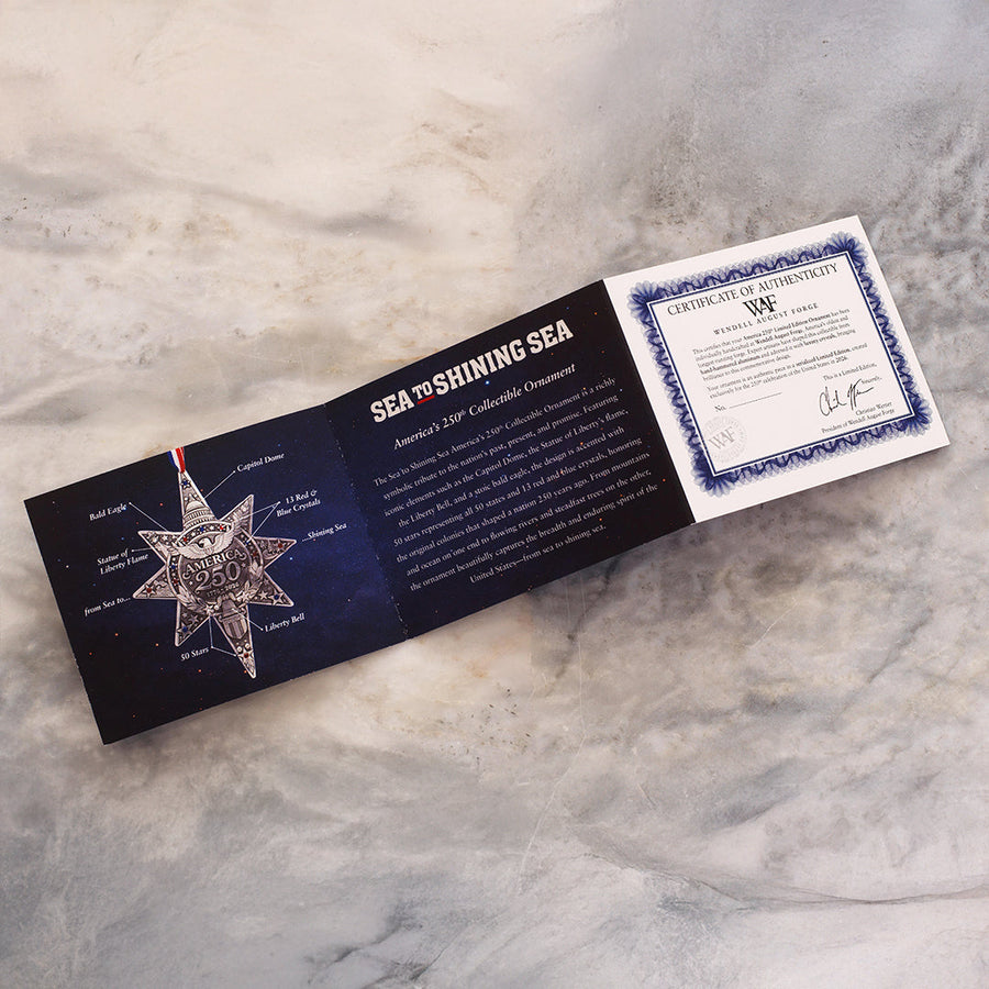 Product information card for America250 Sea to Shining Sea Ornament (Aluminum and Crystals)