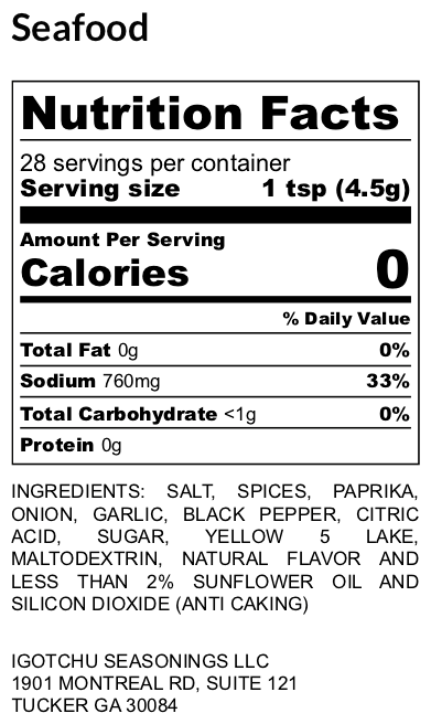 Seafood seasoning – nutrition facts panel