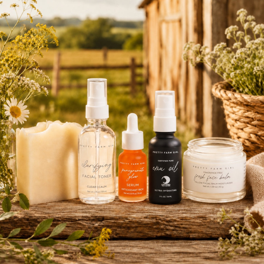 Five fragrance-free skincare products on a wooden bench