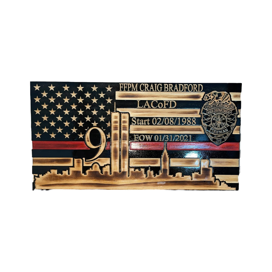American-made 9/11 remembrance wooden flag with NYC skyline
