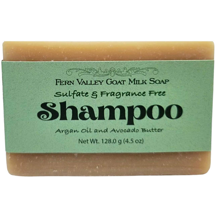 Fragrance-Free Argan & Avocado goat milk shampoo — labelled bar, front view