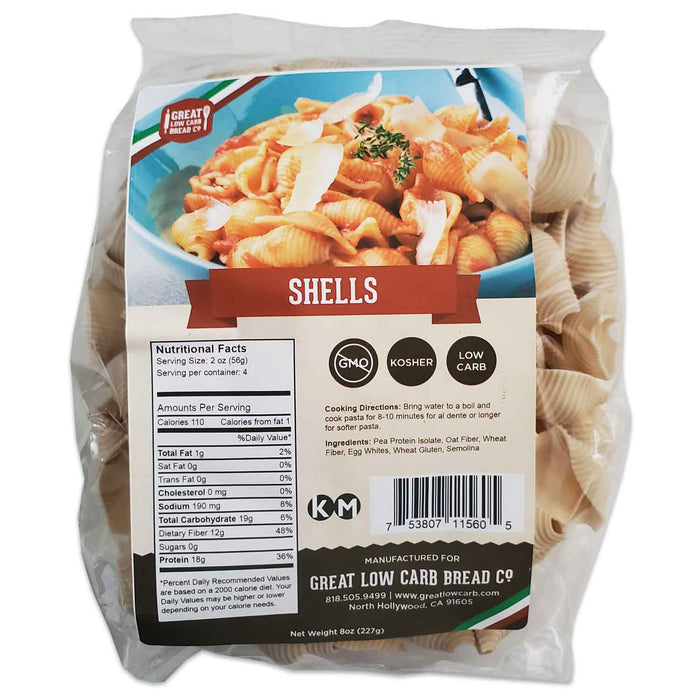 Low Carb Shell Pasta: bag of dry shell pasta with label.