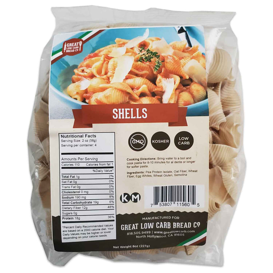 Low Carb Shell Pasta: bag of dry shell pasta with label.