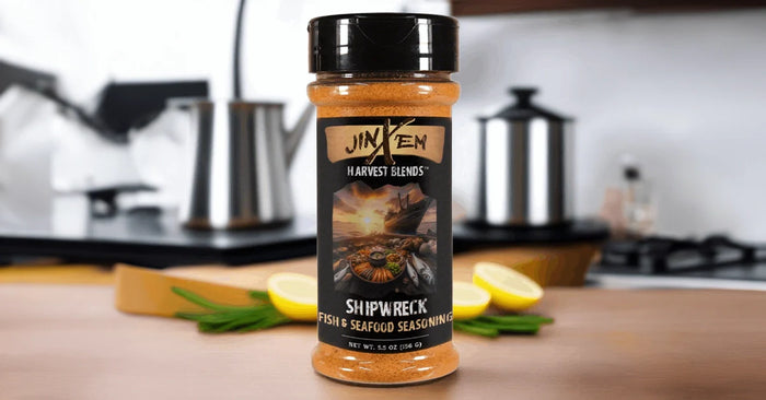 Shipwreck Fish & Seafood Seasoning — seasoning jar with a prepared food serving