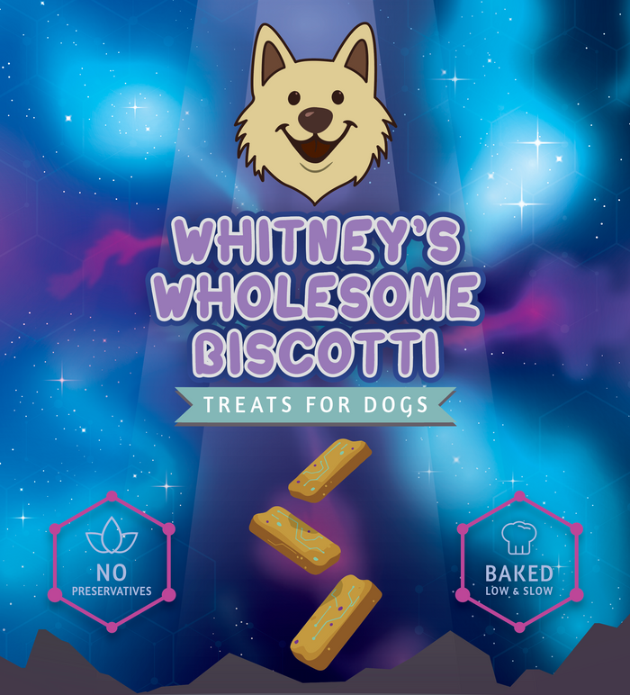 Whitney's Wholesome Biscotti dog-treat branding with a dog illustration and rectangular biscuits