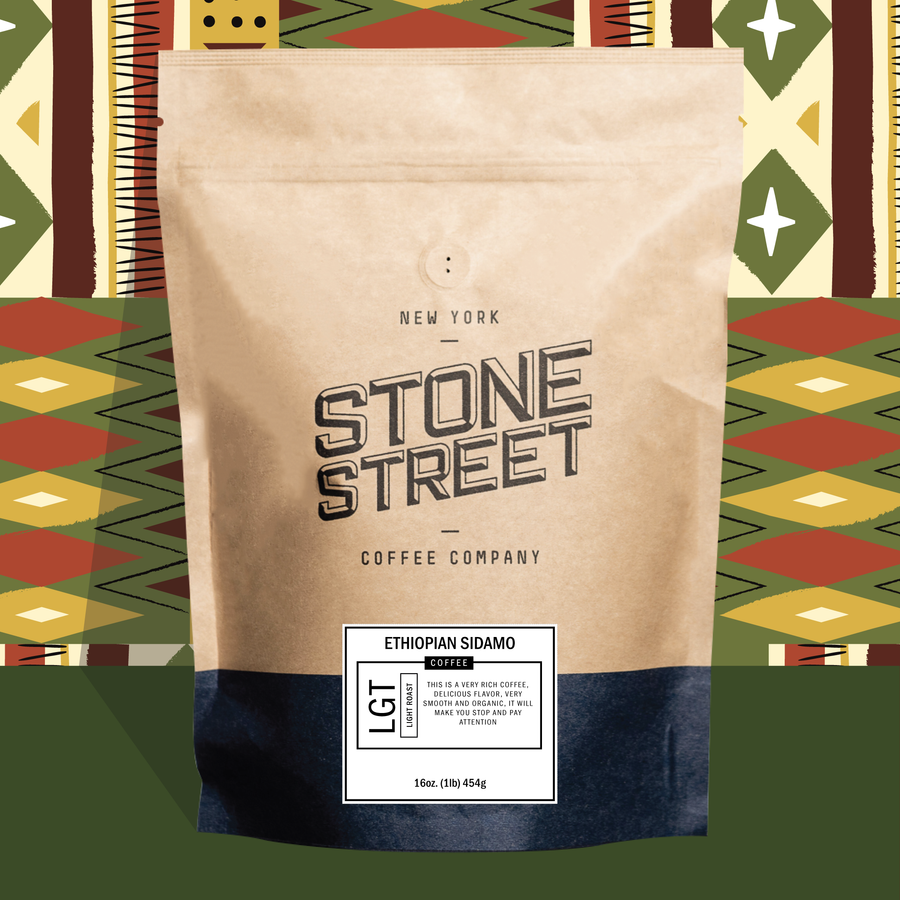 Ethiopian Sidamo coffee bag pictured against a colorful patterned background