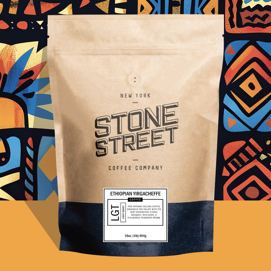 Ethiopian Yirgacheffe coffee bag pictured against a colorful patterned background