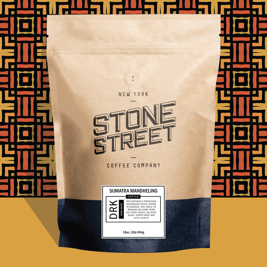 Sumatra Mandheling coffee bag pictured against a colorful patterned background