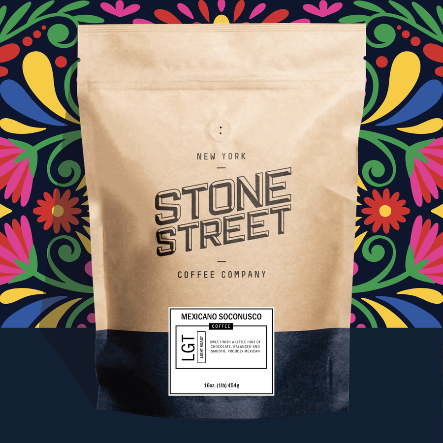 Mexico Soconusco coffee bag pictured against a colorful patterned background