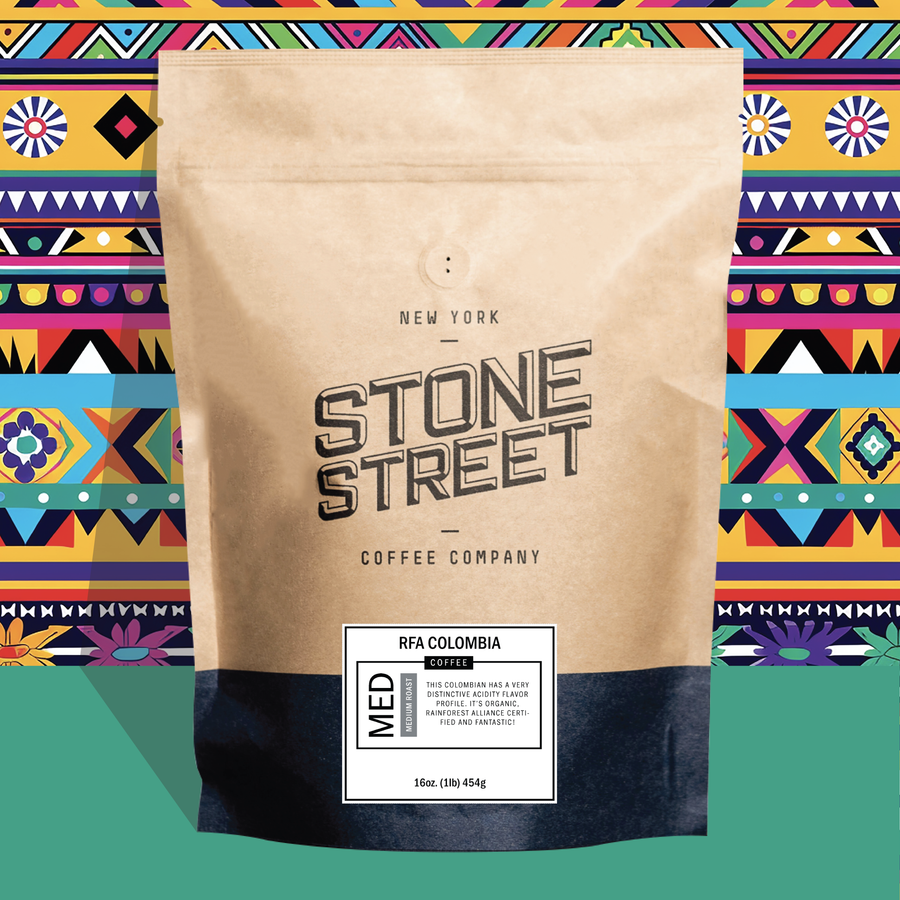 RFA Colombia coffee bag pictured against a colorful patterned background