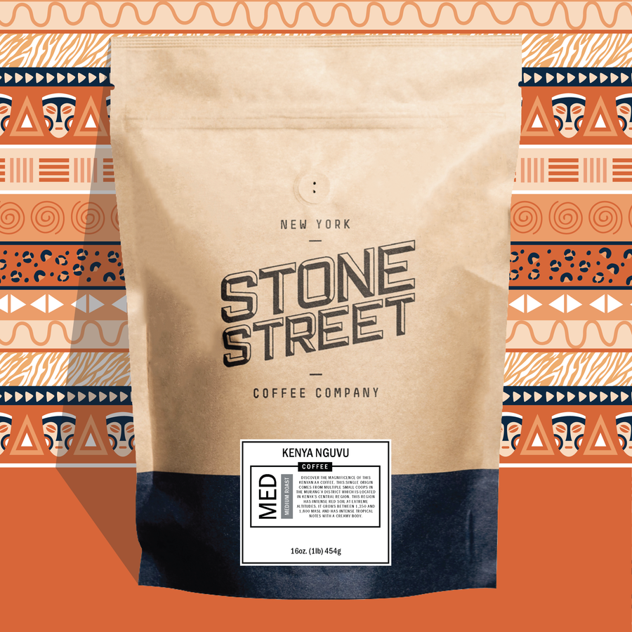 Kenya Nguvu coffee bag pictured against a colorful patterned background