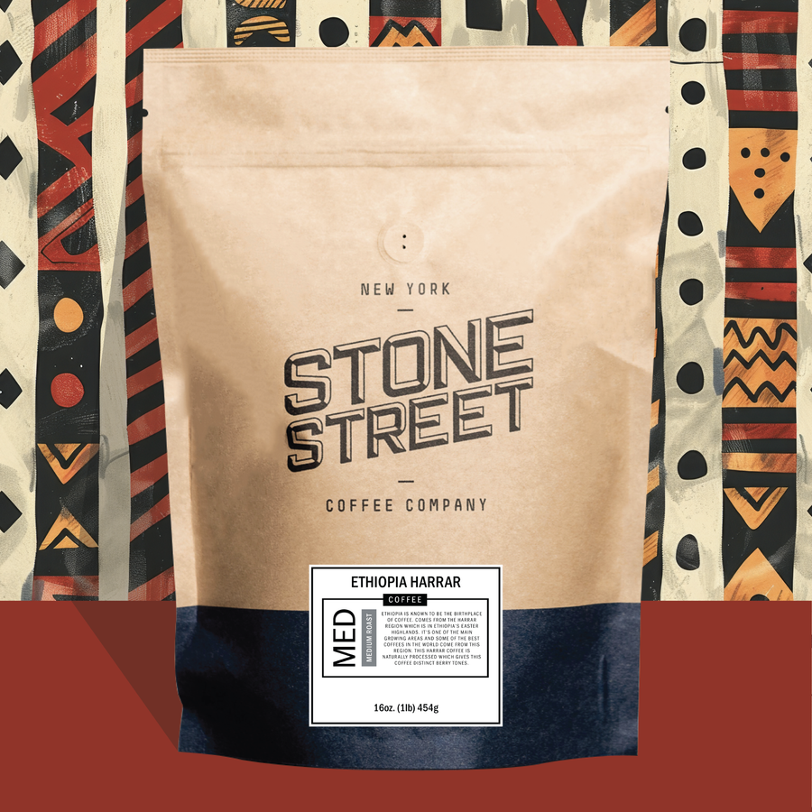 Ethiopia Harrar coffee bag pictured against a colorful patterned background