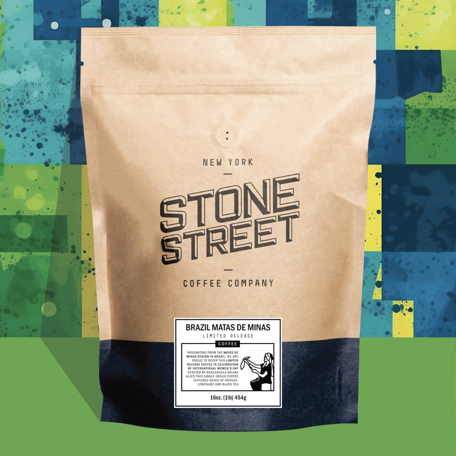 Brazil Matas de Minas coffee bag pictured against a colorful patterned background