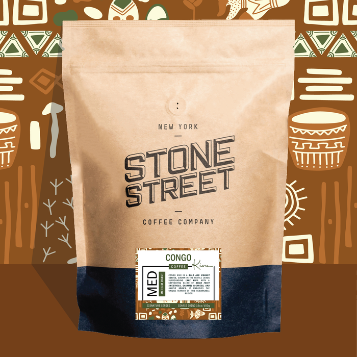 Congo Kivu coffee bag pictured against a colorful patterned background