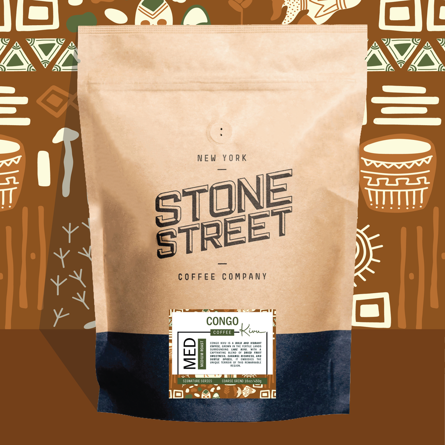 Congo Kivu coffee bag pictured against a colorful patterned background