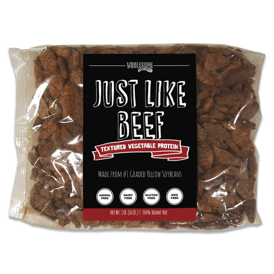 Just Like Beef Vegan Soy Protein: sealed bag of dry soy protein pieces.