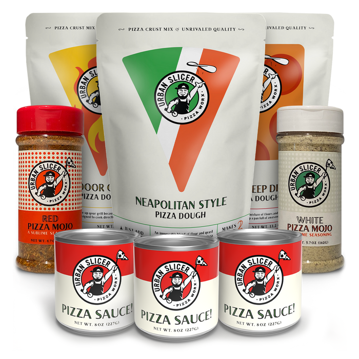 Pizza variety kit with Neapolitan, Grilling and Deep Dish mixes, sauce and two Mojo seasonings