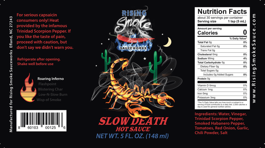 Product label for Slow Death Trinidad Scorpion Hot Sauce