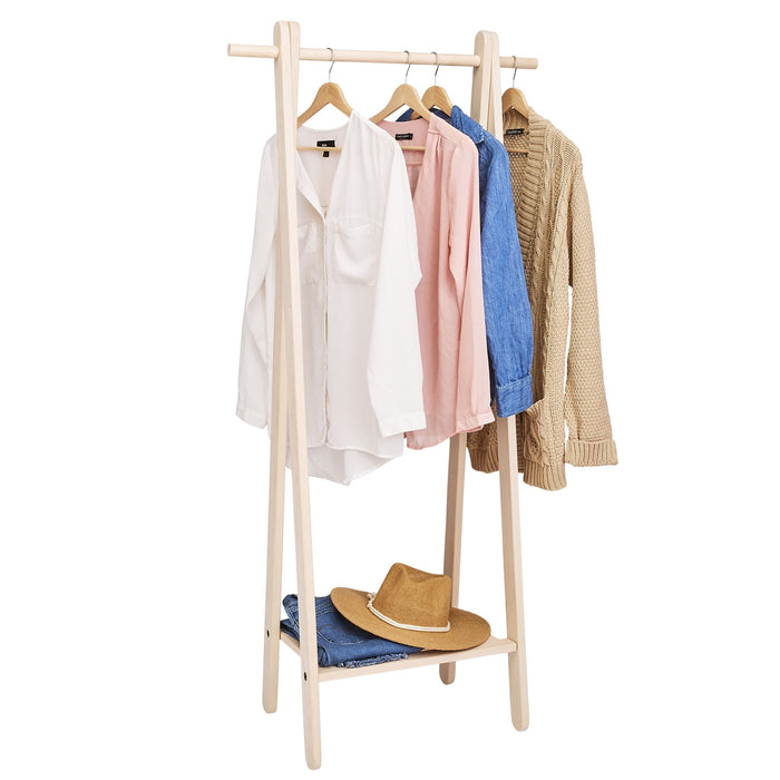 Maple garment rack with hanging shirts and a lower slatted shelf